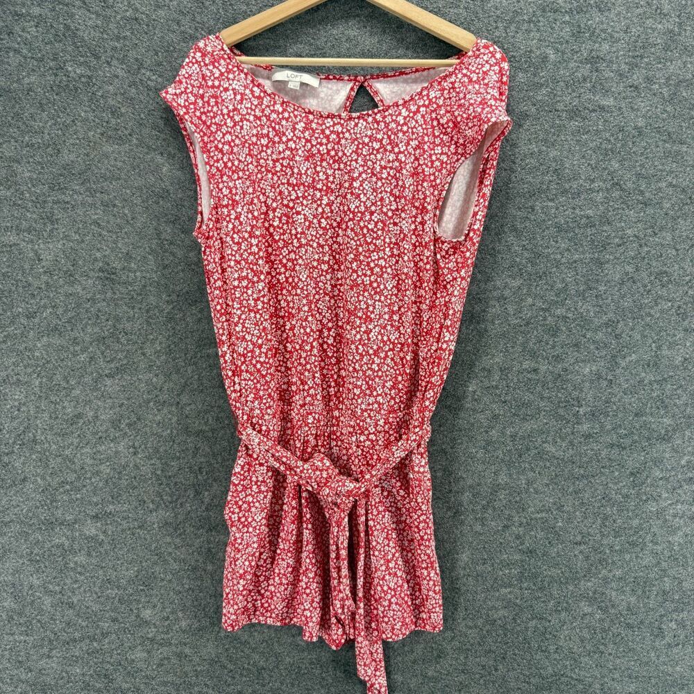 Loft Jumpsuit Women S Small Red Floral Belted Short Sleeve Rayon Hook & Eye